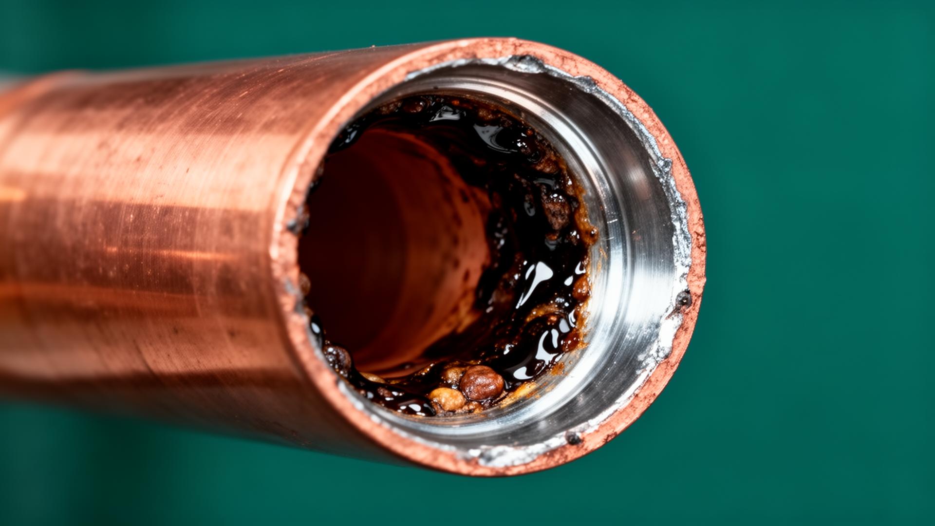 Cross section of a copper refrigerant line showing dark oil fouling buildup