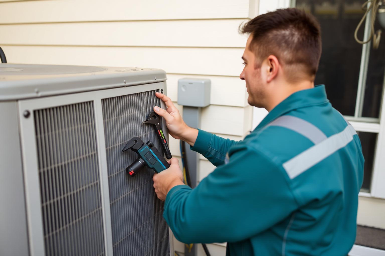 HVAC technician servicing an outdoor air conditioning unit